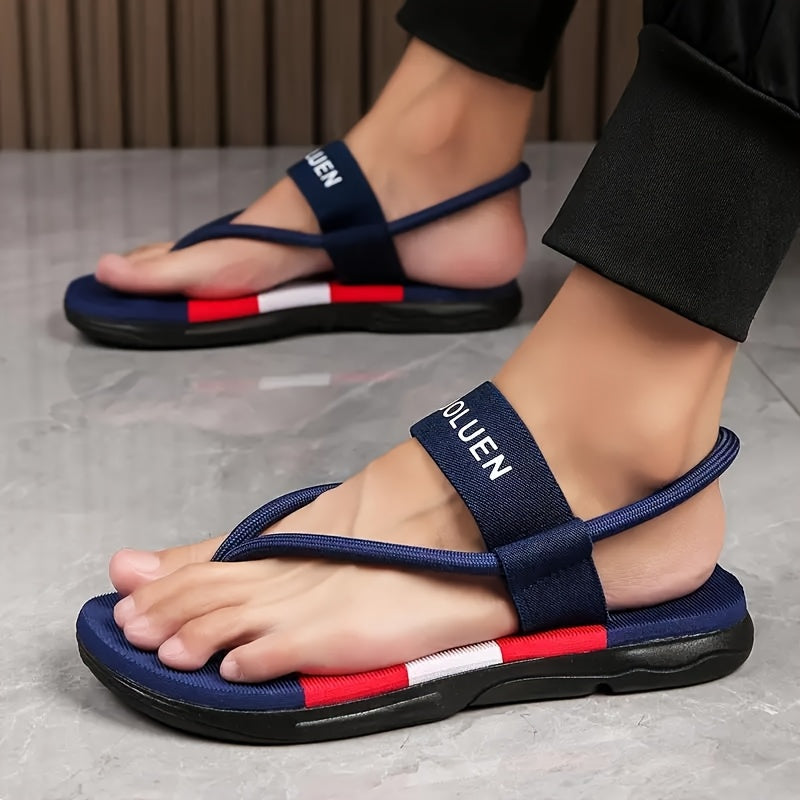 Men's Casual Two-Way Wear Slide Sandals - Slip-On Reversible Design with Navy & Red Stripes, Breathable Fabric Upper & Cushioned EVA Insole for Beach, Outdoor, Daily Use