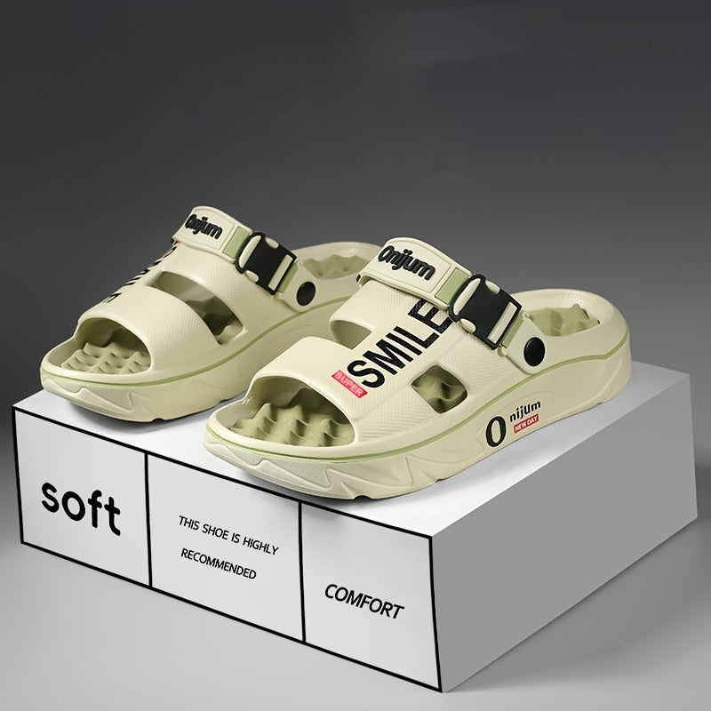 Men's Summer 2025 New Thick Sole EVA Slide Sandals - Slip-Resistant, High Quality, Odor-Resistant, Ergonomic Arch Support & Massage Sole, Open-Toe Design with Bold Letter Print for Beach, Outdoor, Casual Wear, Outdoor Footwear | Stylish Contrast Accents |