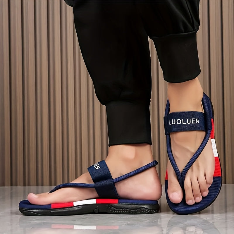 Men's Casual Two-Way Wear Slide Sandals - Slip-On Reversible Design with Navy & Red Stripes, Breathable Fabric Upper & Cushioned EVA Insole for Beach, Outdoor, Daily Use