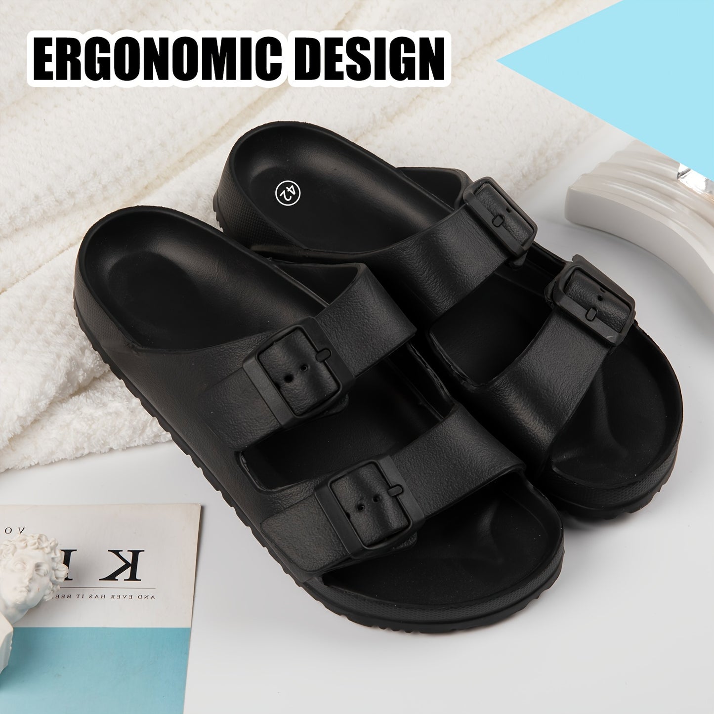 EVA Solid Color Sandals, Platform Slip On Soft Sole Double Buckle Bands Slides, Comfort Non-slip Beach Slides