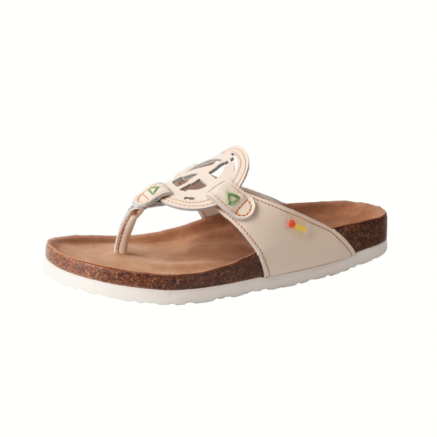 TMA EYES Women'S Summer Handcrafted Anti-Slip Comfortable Casual Hollow Flip-Flops - Genuine Leather Upper & Insole, EVA Sole, Split-Toe Design, Beige with Green Stitching, Ladies Sandals