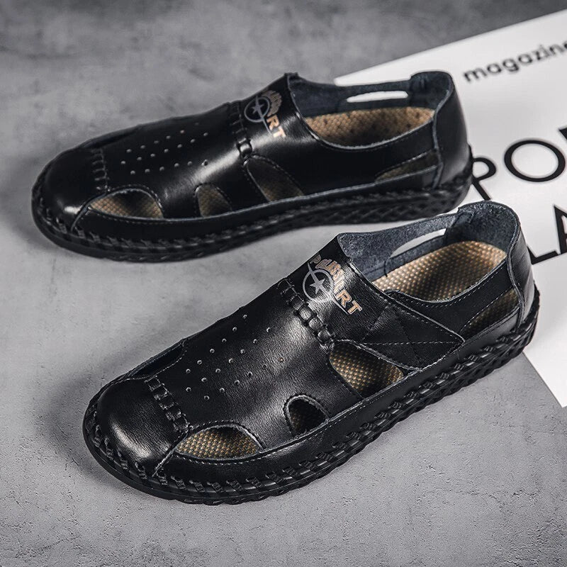Summer Men Genuine Leather Sandals Beach Slip-on Breathable Soft Slipper