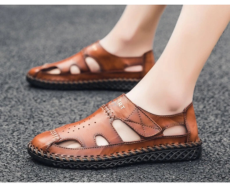 Summer Men Genuine Leather Sandals Beach Slip-on Breathable Soft Slipper