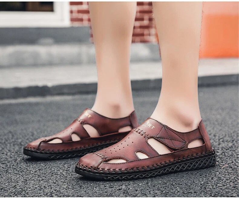 Summer Men Genuine Leather Sandals Beach Slip-on Breathable Soft Slipper