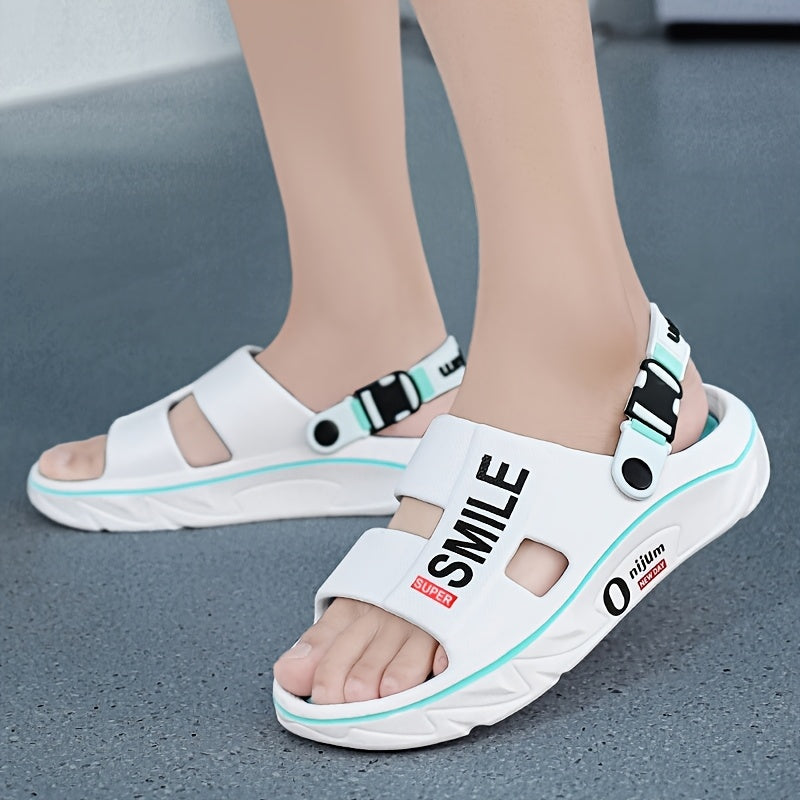 Men's Summer 2025 New Thick Sole EVA Slide Sandals - Slip-Resistant, High Quality, Odor-Resistant, Ergonomic Arch Support & Massage Sole, Open-Toe Design with Bold Letter Print for Beach, Outdoor, Casual Wear, Outdoor Footwear | Stylish Contrast Accents |