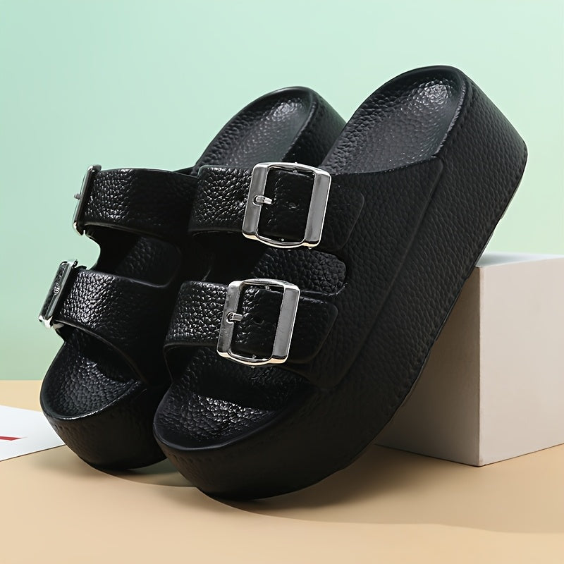Women'S Summer EVA Slide Sandals - Casual Thick Sole Non-Slip Beach Slippers with Adjustable Buckle Straps, Black, All-Season Comfort for Outdoor & Poolside Use