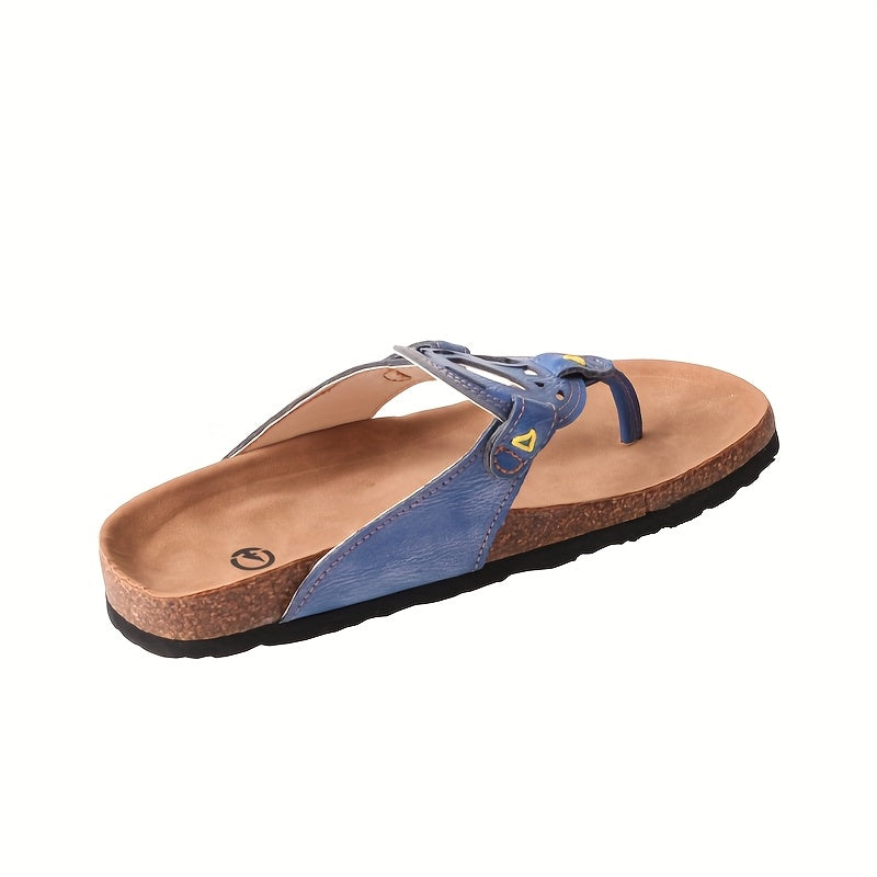 TMA EYES Women'S Summer Handcrafted Anti-Slip Comfortable Casual Hollow Flip-Flops - Genuine Leather Upper & Insole, EVA Sole, Split-Toe Design, Beige with Green Stitching, Ladies Sandals