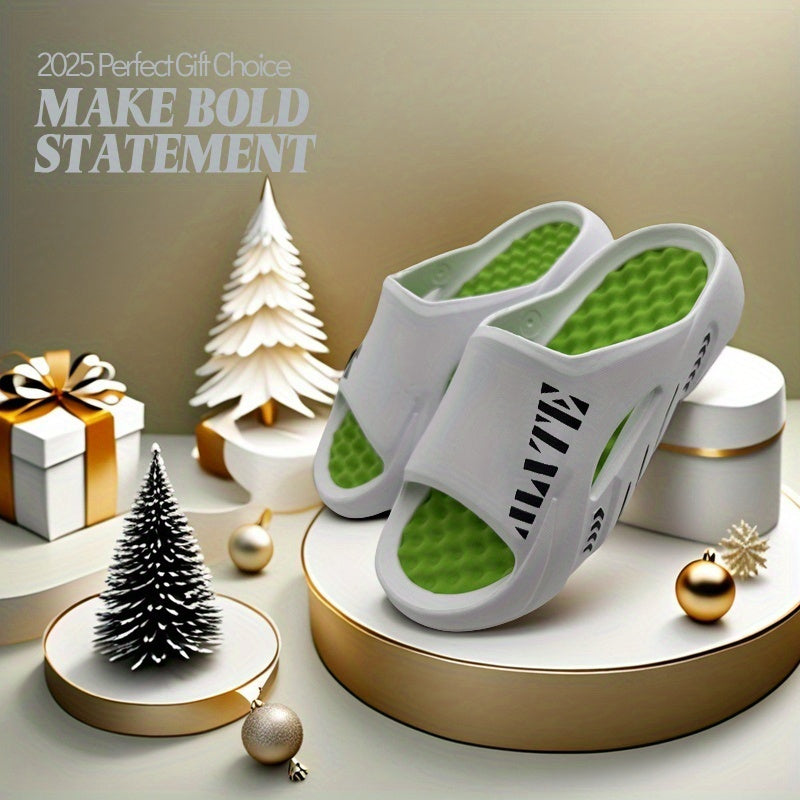 SOLEMATE for U Unisex Funny Graphic EVA Slippers - All-Season Comfort Massage Round Toe Slip-On Slides, Non-Slip Indoor/Outdoor Sandals for Beach, Shower & Casual Wear (White with Green Accents), Beach Sandals | Sleek Slipper Design | Durable Slippers