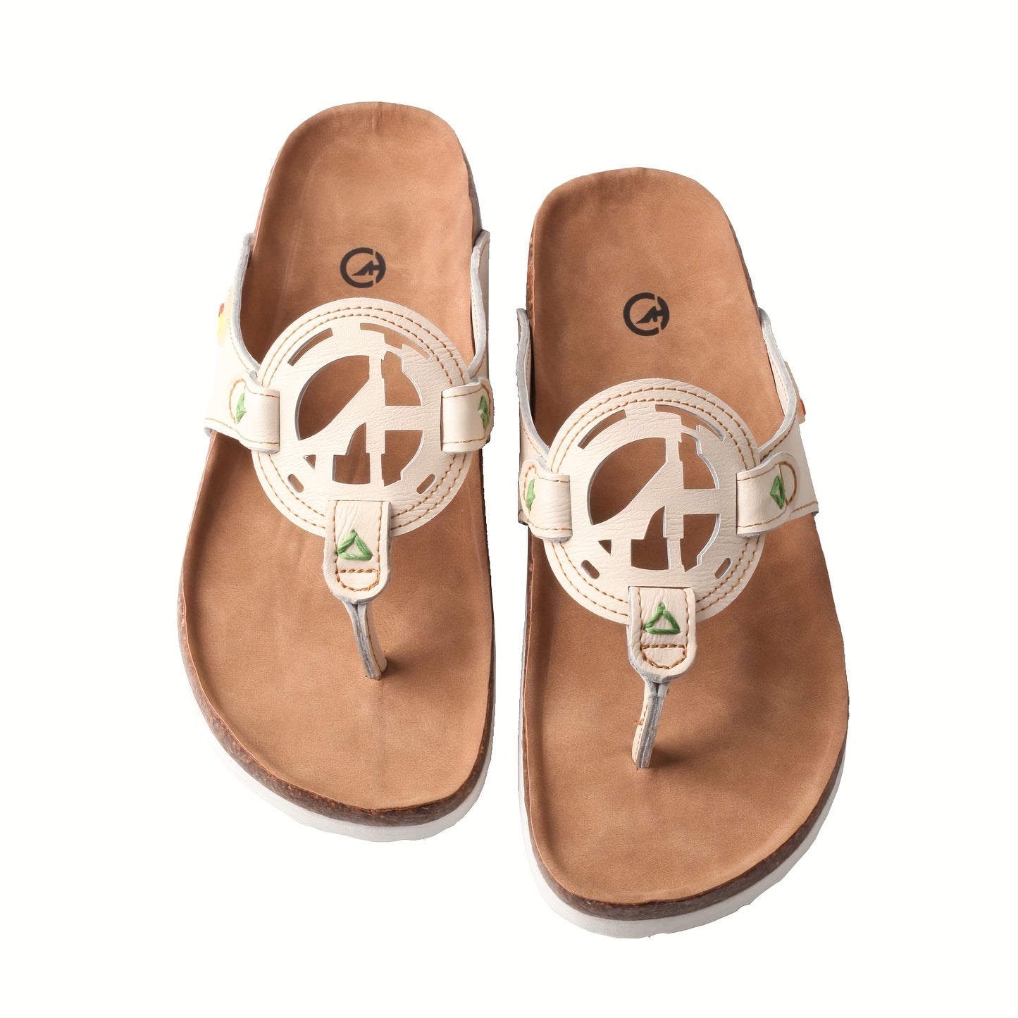 TMA EYES Women'S Summer Handcrafted Anti-Slip Comfortable Casual Hollow Flip-Flops - Genuine Leather Upper & Insole, EVA Sole, Split-Toe Design, Beige with Green Stitching, Ladies Sandals