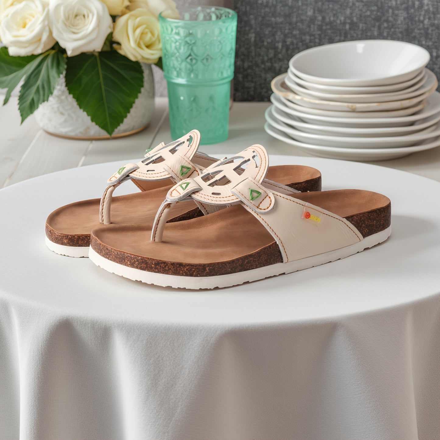 TMA EYES Women'S Summer Handcrafted Anti-Slip Comfortable Casual Hollow Flip-Flops - Genuine Leather Upper & Insole, EVA Sole, Split-Toe Design, Beige with Green Stitching, Ladies Sandals