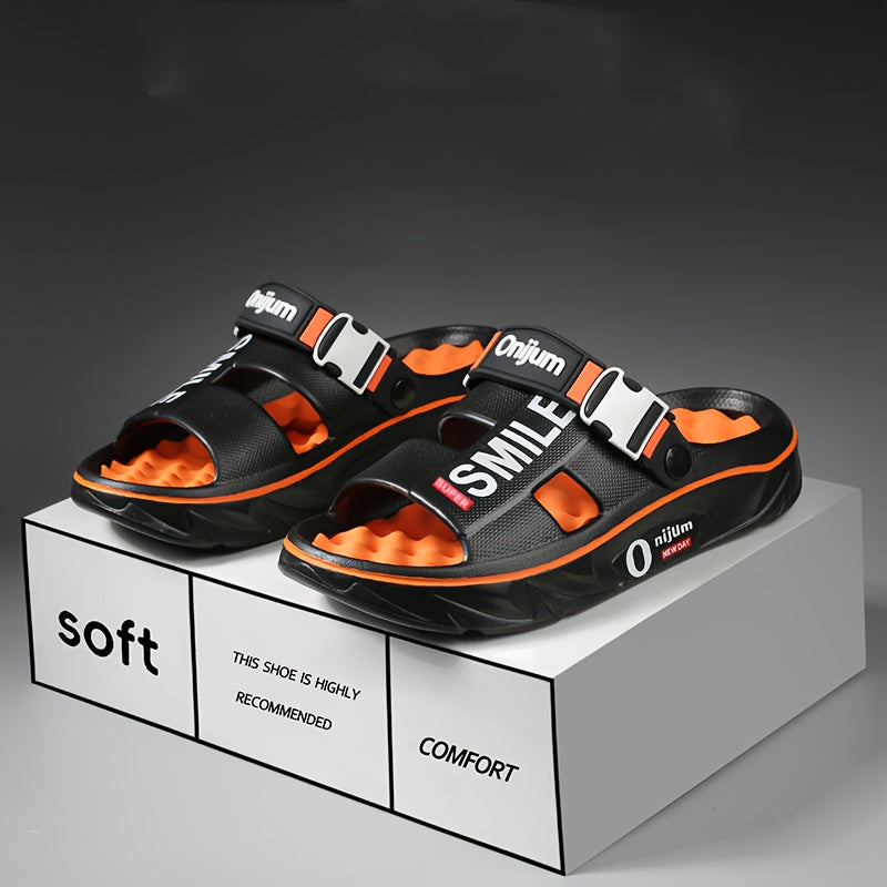 Men's Summer 2025 New Thick Sole EVA Slide Sandals - Slip-Resistant, High Quality, Odor-Resistant, Ergonomic Arch Support & Massage Sole, Open-Toe Design with Bold Letter Print for Beach, Outdoor, Casual Wear, Outdoor Footwear | Stylish Contrast Accents |