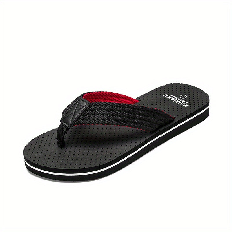 Men'S Casual Flip-Flops - Non-Slip EVA Sole, Durable Fabric Upper, Adjustable Strap for Outdoor Beach & Summer Wear - Black with Red Accents, Summer Footwear | Adjustable Strap Sandals | EVA Sole Sandals