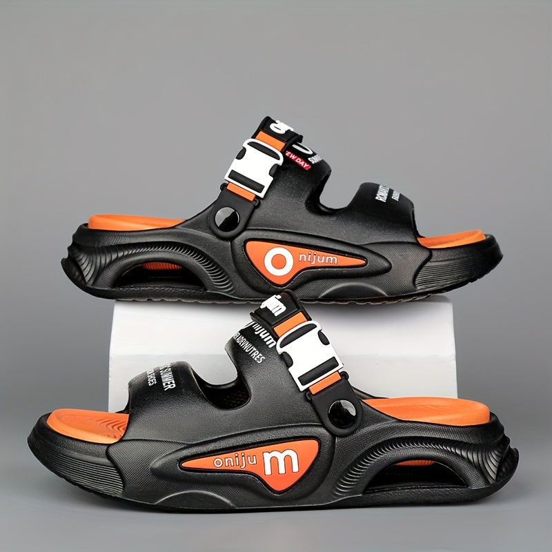 Men'S Lightweight EVA Slide Sandals - Breathable, Non-Slip, Shock-Absorbing Beach & Casual Shoes with Thick Cushioned Sole for Indoor/Outdoor Use, Black & Orange Design, Perfect for Summer, Hiking, and Everyday Comfort, Beach Shoes
