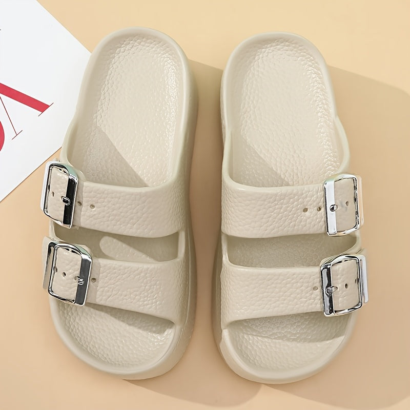 Women'S Summer EVA Slide Sandals - Casual Thick Sole Non-Slip Beach Slippers with Adjustable Buckle Straps, Black, All-Season Comfort for Outdoor & Poolside Use
