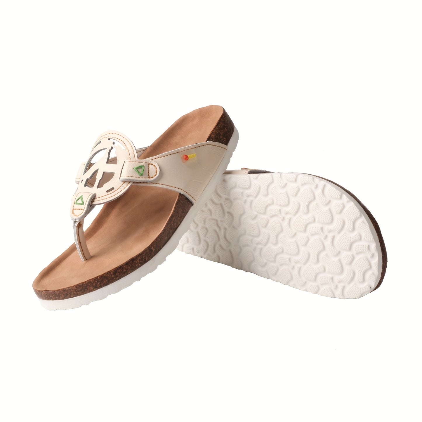 TMA EYES Women'S Summer Handcrafted Anti-Slip Comfortable Casual Hollow Flip-Flops - Genuine Leather Upper & Insole, EVA Sole, Split-Toe Design, Beige with Green Stitching, Ladies Sandals