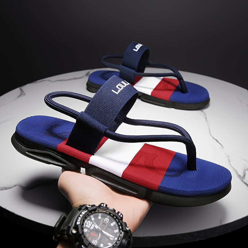 Men'S Flip-Flops - Comfortable Non-Slip Rubber Sole Thong Sandals for Beach, Outdoor & Casual Wear, Pointed Toe, Breathable Fabric Upper, EVA Insole - Blue & Red Striped Design, Beach Sandals