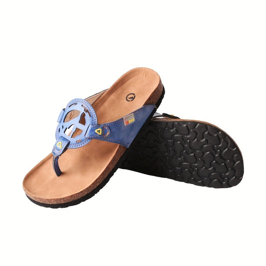TMA EYES Women'S Summer Handcrafted Anti-Slip Comfortable Casual Hollow Flip-Flops - Genuine Leather Upper & Insole, EVA Sole, Split-Toe Design, Beige with Green Stitching, Ladies Sandals