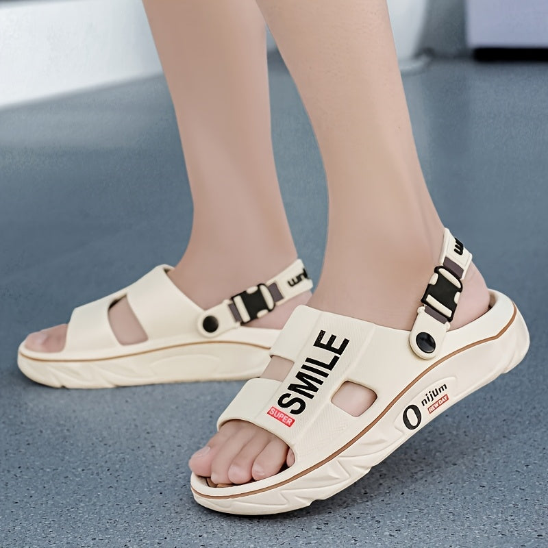 Men's Summer 2025 New Thick Sole EVA Slide Sandals - Slip-Resistant, High Quality, Odor-Resistant, Ergonomic Arch Support & Massage Sole, Open-Toe Design with Bold Letter Print for Beach, Outdoor, Casual Wear, Outdoor Footwear | Stylish Contrast Accents |