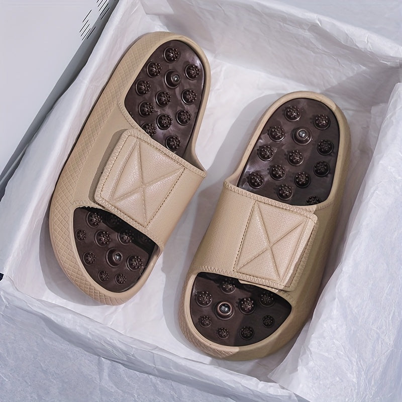 Men's Summer Massage Slides - Non-Slip Thick Sole Comfort Beach Sandals, Casual EVA Upper & PVC Insole, Beige/White with Black Accents, Perfect for Indoor & Outdoor Relaxation, Everyday Slippers | Textured Strap Design | EVA Construction, Summer Sandals
