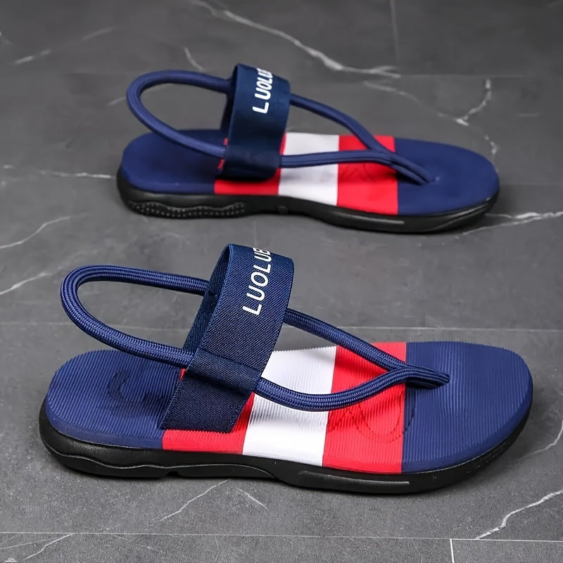 Men's Casual Two-Way Wear Slide Sandals - Slip-On Reversible Design with Navy & Red Stripes, Breathable Fabric Upper & Cushioned EVA Insole for Beach, Outdoor, Daily Use