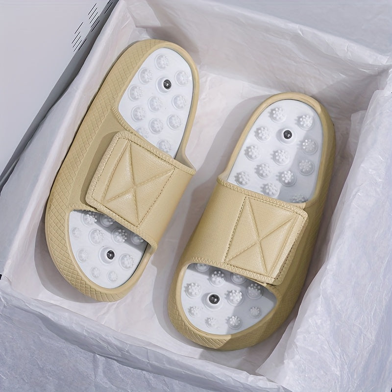 Men's Summer Massage Slides - Non-Slip Thick Sole Comfort Beach Sandals, Casual EVA Upper & PVC Insole, Beige/White with Black Accents, Perfect for Indoor & Outdoor Relaxation, Everyday Slippers | Textured Strap Design | EVA Construction, Summer Sandals