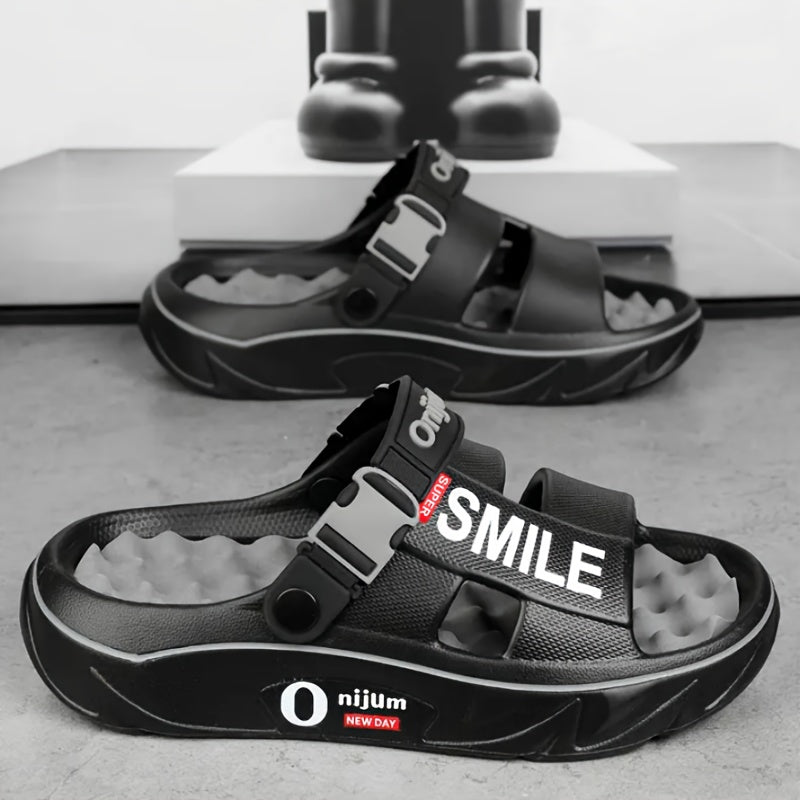 Men's Summer 2025 New Thick Sole EVA Slide Sandals - Slip-Resistant, High Quality, Odor-Resistant, Ergonomic Arch Support & Massage Sole, Open-Toe Design with Bold Letter Print for Beach, Outdoor, Casual Wear, Outdoor Footwear | Stylish Contrast Accents |