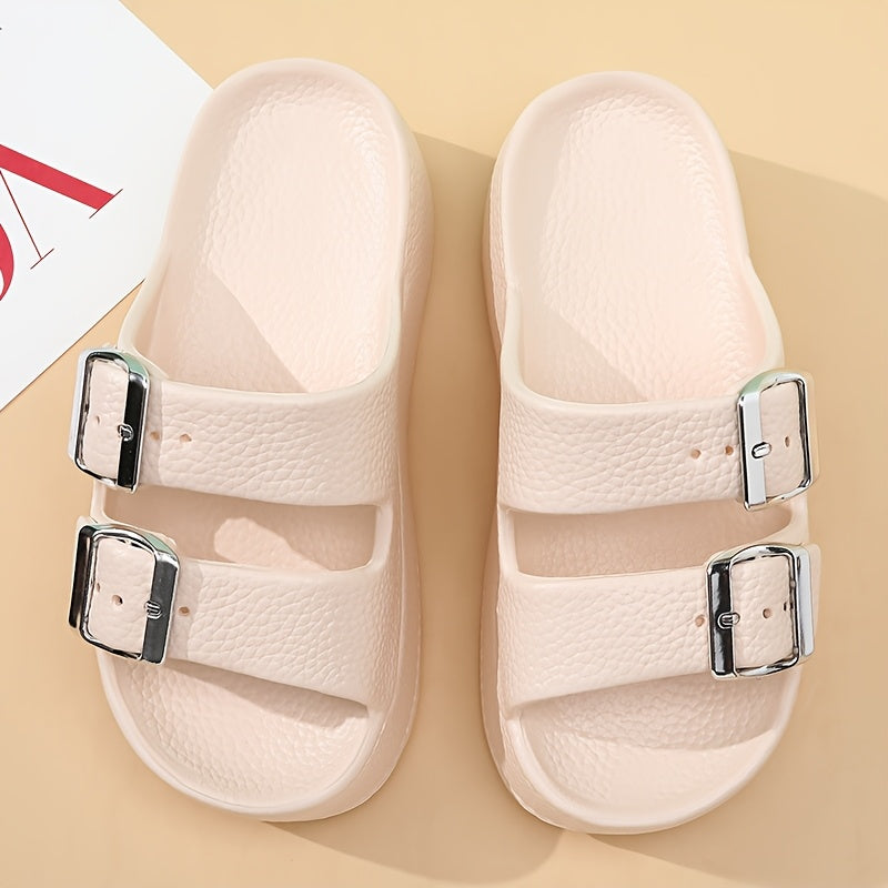 Women'S Summer EVA Slide Sandals - Casual Thick Sole Non-Slip Beach Slippers with Adjustable Buckle Straps, Black, All-Season Comfort for Outdoor & Poolside Use