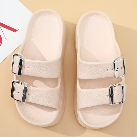 Women'S Summer EVA Slide Sandals - Casual Thick Sole Non-Slip Beach Slippers with Adjustable Buckle Straps, Black, All-Season Comfort for Outdoor & Poolside Use