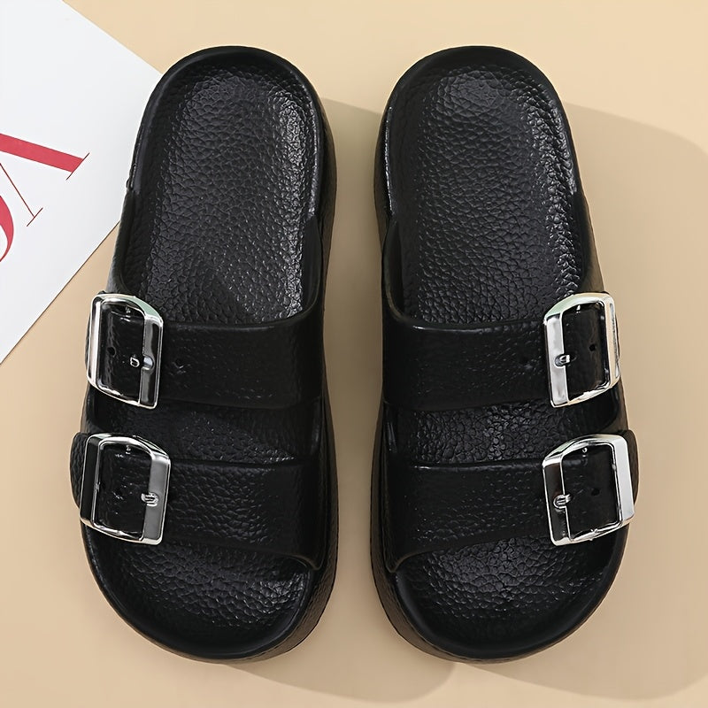 Women'S Summer EVA Slide Sandals - Casual Thick Sole Non-Slip Beach Slippers with Adjustable Buckle Straps, Black, All-Season Comfort for Outdoor & Poolside Use