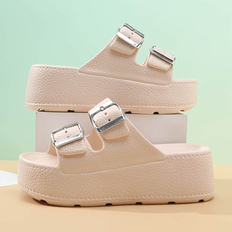 Women'S Summer EVA Slide Sandals - Casual Thick Sole Non-Slip Beach Slippers with Adjustable Buckle Straps, Black, All-Season Comfort for Outdoor & Poolside Use