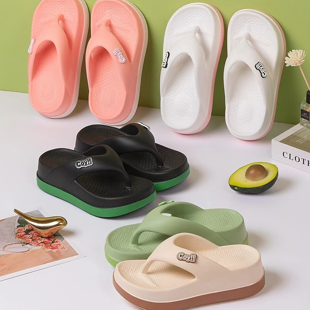 Women's Summer Flip-Flops - Trendy Thick Sole EVA Slide Sandals, Non-Slip, Comfortable, Fashionable Beach Wear in Pink, White, Black, Green, and Beige, Beach Footwear|Colorblock Design|Durable Flipflops, Beach Accessories