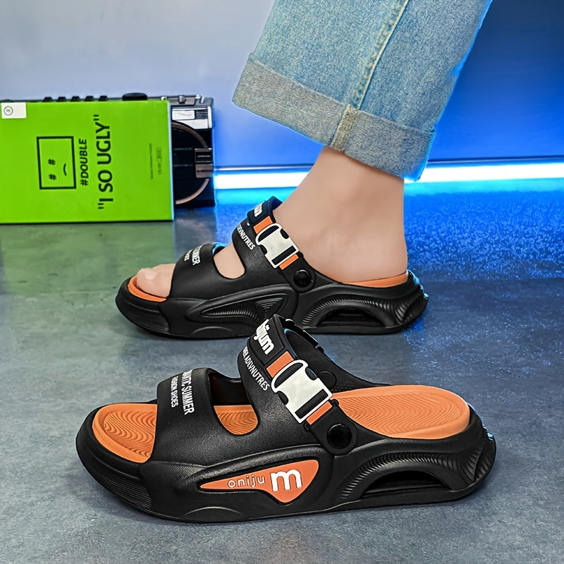 Men'S Lightweight EVA Slide Sandals - Breathable, Non-Slip, Shock-Absorbing Beach & Casual Shoes with Thick Cushioned Sole for Indoor/Outdoor Use, Black & Orange Design, Perfect for Summer, Hiking, and Everyday Comfort, Beach Shoes