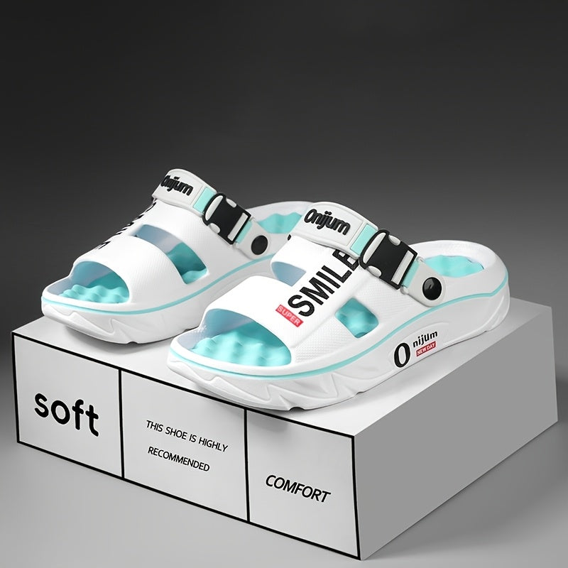 Men's Summer 2025 New Thick Sole EVA Slide Sandals - Slip-Resistant, High Quality, Odor-Resistant, Ergonomic Arch Support & Massage Sole, Open-Toe Design with Bold Letter Print for Beach, Outdoor, Casual Wear, Outdoor Footwear | Stylish Contrast Accents |