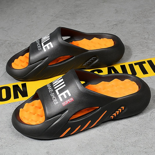 2025 Summer Unisex Outdoor Slides - Non-Slip EVA Sandals with Heart & Star Design, Breathable Open-Toe Beach Shoes for Men & Women, Durable Casual Slippers for Home, Travel, and Pool (Black/Orange), Summer Sandals, Home Relaxation Footwear, Playful