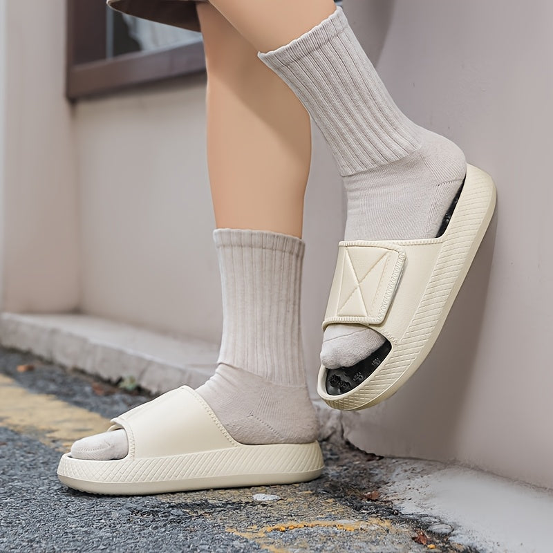Men's Summer Massage Slides - Non-Slip Thick Sole Comfort Beach Sandals, Casual EVA Upper & PVC Insole, Beige/White with Black Accents, Perfect for Indoor & Outdoor Relaxation, Everyday Slippers | Textured Strap Design | EVA Construction, Summer Sandals