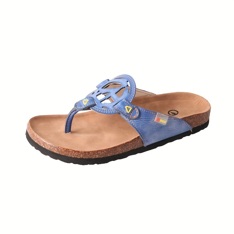 TMA EYES Women'S Summer Handcrafted Anti-Slip Comfortable Casual Hollow Flip-Flops - Genuine Leather Upper & Insole, EVA Sole, Split-Toe Design, Beige with Green Stitching, Ladies Sandals