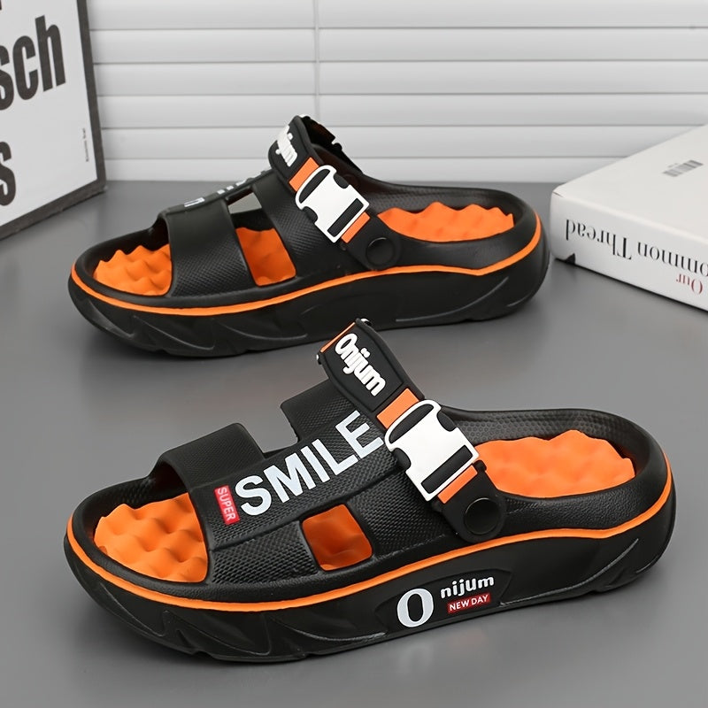 Men's Summer 2025 New Thick Sole EVA Slide Sandals - Slip-Resistant, High Quality, Odor-Resistant, Ergonomic Arch Support & Massage Sole, Open-Toe Design with Bold Letter Print for Beach, Outdoor, Casual Wear, Outdoor Footwear | Stylish Contrast Accents |
