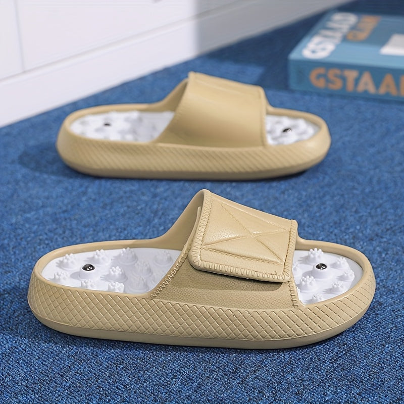 Men's Summer Massage Slides - Non-Slip Thick Sole Comfort Beach Sandals, Casual EVA Upper & PVC Insole, Beige/White with Black Accents, Perfect for Indoor & Outdoor Relaxation, Everyday Slippers | Textured Strap Design | EVA Construction, Summer Sandals