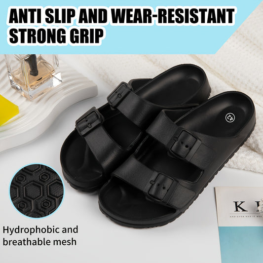 EVA Solid Color Sandals, Platform Slip On Soft Sole Double Buckle Bands Slides, Comfort Non-slip Beach Slides