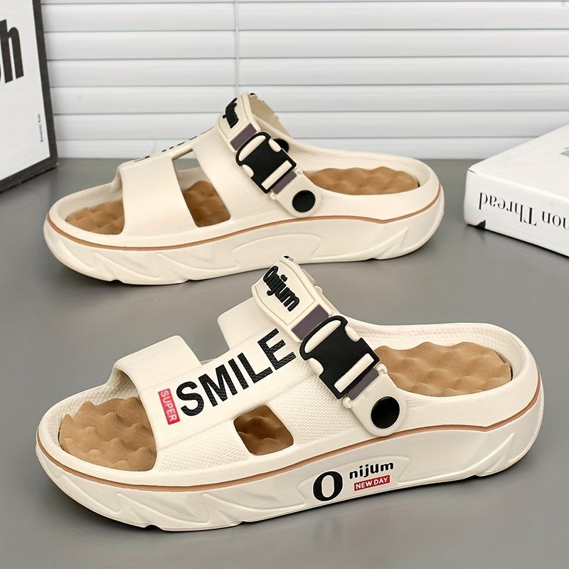 Men's Summer 2025 New Thick Sole EVA Slide Sandals - Slip-Resistant, High Quality, Odor-Resistant, Ergonomic Arch Support & Massage Sole, Open-Toe Design with Bold Letter Print for Beach, Outdoor, Casual Wear, Outdoor Footwear | Stylish Contrast Accents |