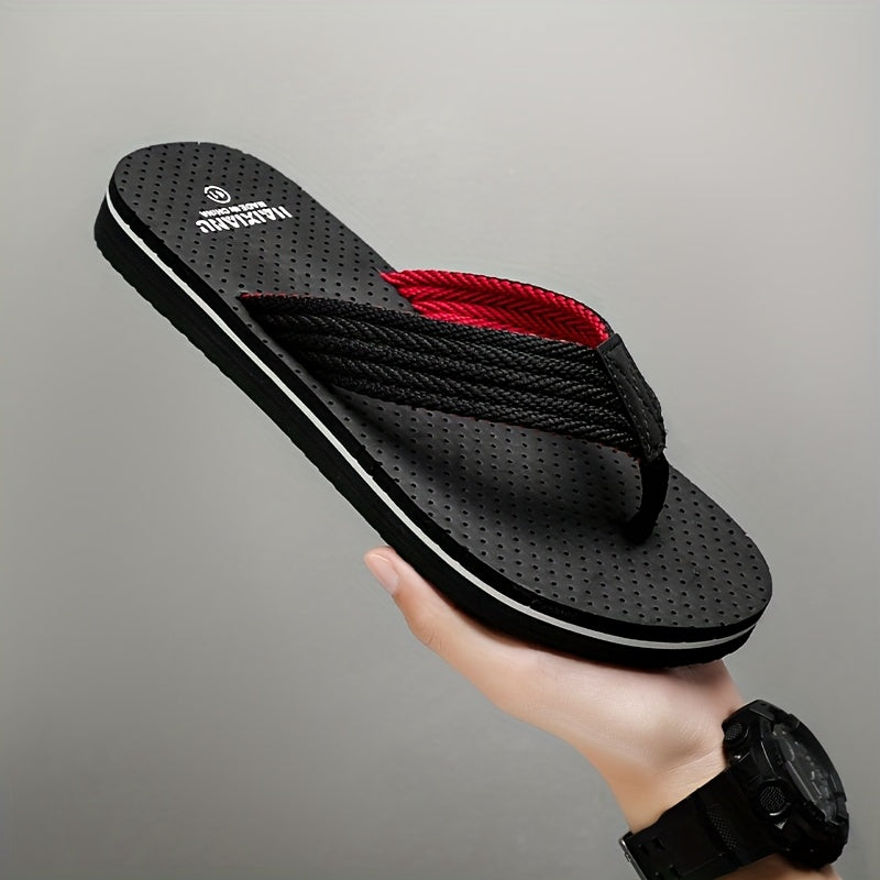 Men'S Casual Flip-Flops - Non-Slip EVA Sole, Durable Fabric Upper, Adjustable Strap for Outdoor Beach & Summer Wear - Black with Red Accents, Summer Footwear | Adjustable Strap Sandals | EVA Sole Sandals