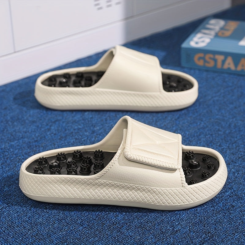 Men's Summer Massage Slides - Non-Slip Thick Sole Comfort Beach Sandals, Casual EVA Upper & PVC Insole, Beige/White with Black Accents, Perfect for Indoor & Outdoor Relaxation, Everyday Slippers | Textured Strap Design | EVA Construction, Summer Sandals