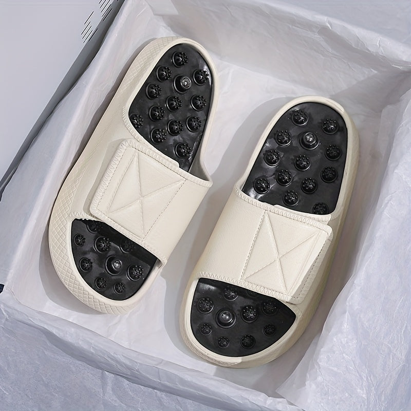 Men's Summer Massage Slides - Non-Slip Thick Sole Comfort Beach Sandals, Casual EVA Upper & PVC Insole, Beige/White with Black Accents, Perfect for Indoor & Outdoor Relaxation, Everyday Slippers | Textured Strap Design | EVA Construction, Summer Sandals