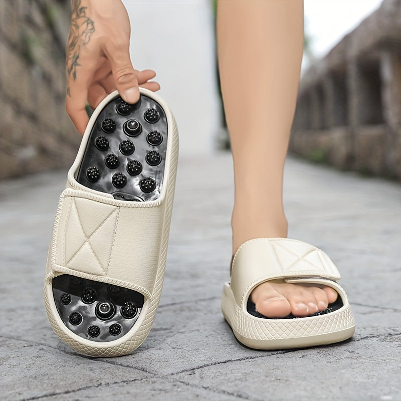 Men's Summer Massage Slides - Non-Slip Thick Sole Comfort Beach Sandals, Casual EVA Upper & PVC Insole, Beige/White with Black Accents, Perfect for Indoor & Outdoor Relaxation, Everyday Slippers | Textured Strap Design | EVA Construction, Summer Sandals