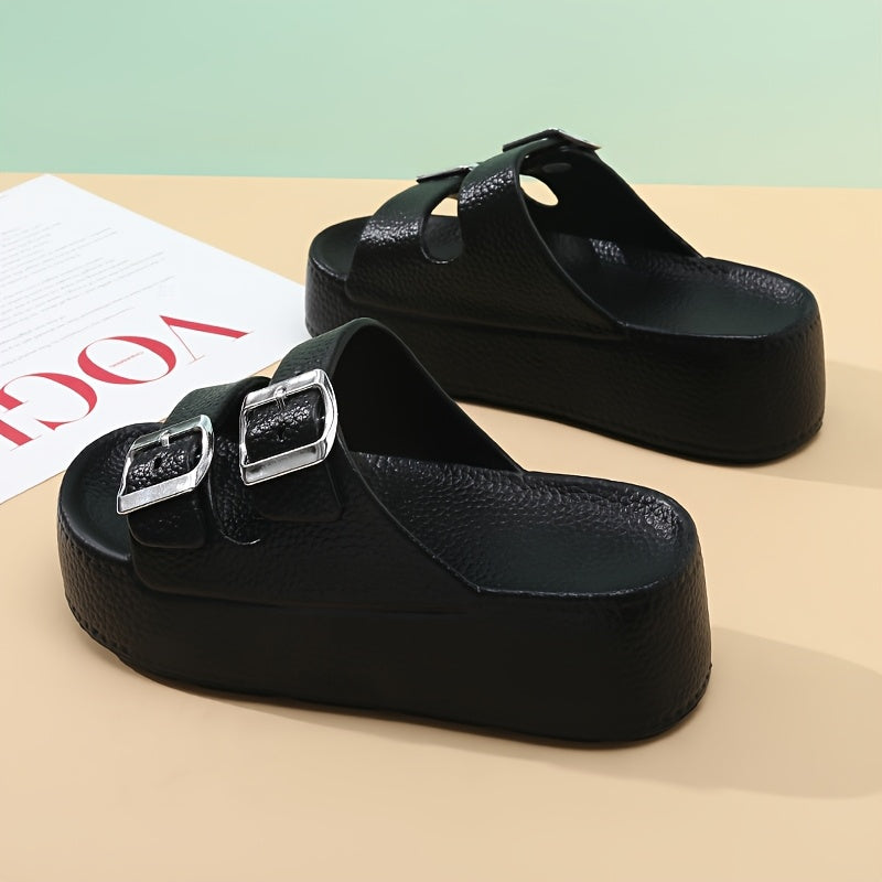 Women'S Summer EVA Slide Sandals - Casual Thick Sole Non-Slip Beach Slippers with Adjustable Buckle Straps, Black, All-Season Comfort for Outdoor & Poolside Use