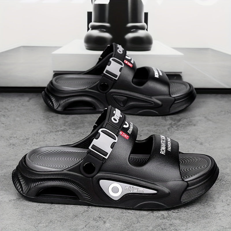 Men'S Lightweight EVA Slide Sandals - Breathable, Non-Slip, Shock-Absorbing Beach & Casual Shoes with Thick Cushioned Sole for Indoor/Outdoor Use, Black & Orange Design, Perfect for Summer, Hiking, and Everyday Comfort, Beach Shoes