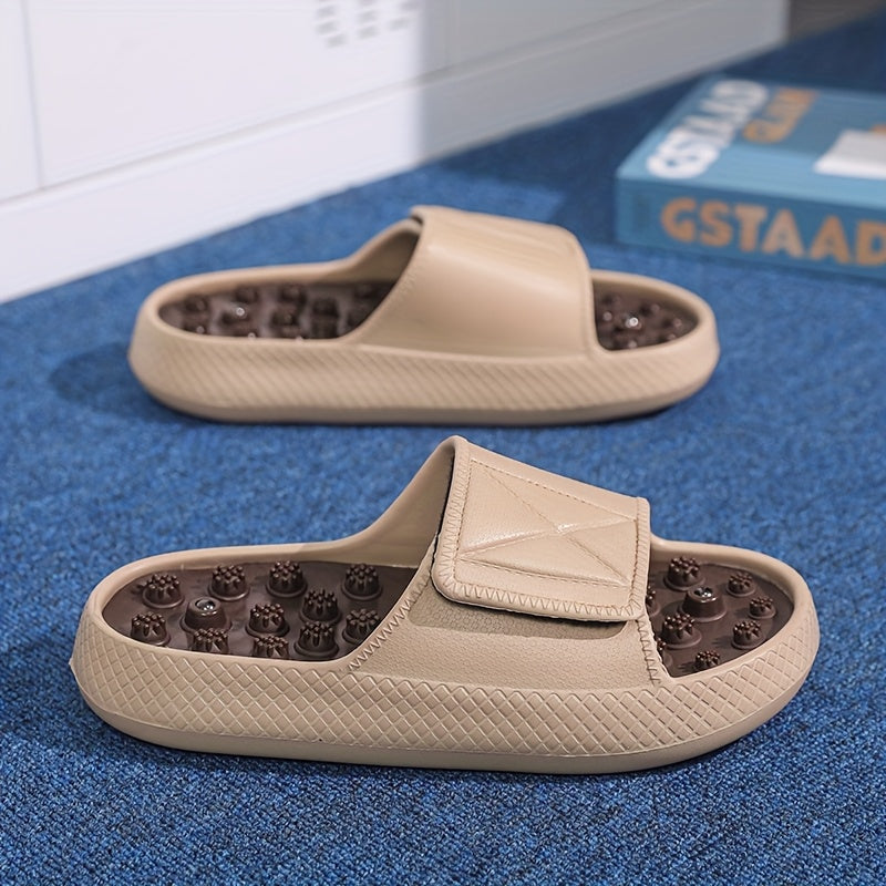 Men's Summer Massage Slides - Non-Slip Thick Sole Comfort Beach Sandals, Casual EVA Upper & PVC Insole, Beige/White with Black Accents, Perfect for Indoor & Outdoor Relaxation, Everyday Slippers | Textured Strap Design | EVA Construction, Summer Sandals