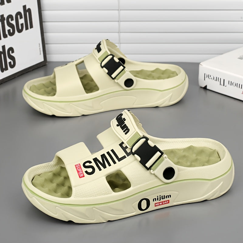 Men's Summer 2025 New Thick Sole EVA Slide Sandals - Slip-Resistant, High Quality, Odor-Resistant, Ergonomic Arch Support & Massage Sole, Open-Toe Design with Bold Letter Print for Beach, Outdoor, Casual Wear, Outdoor Footwear | Stylish Contrast Accents |