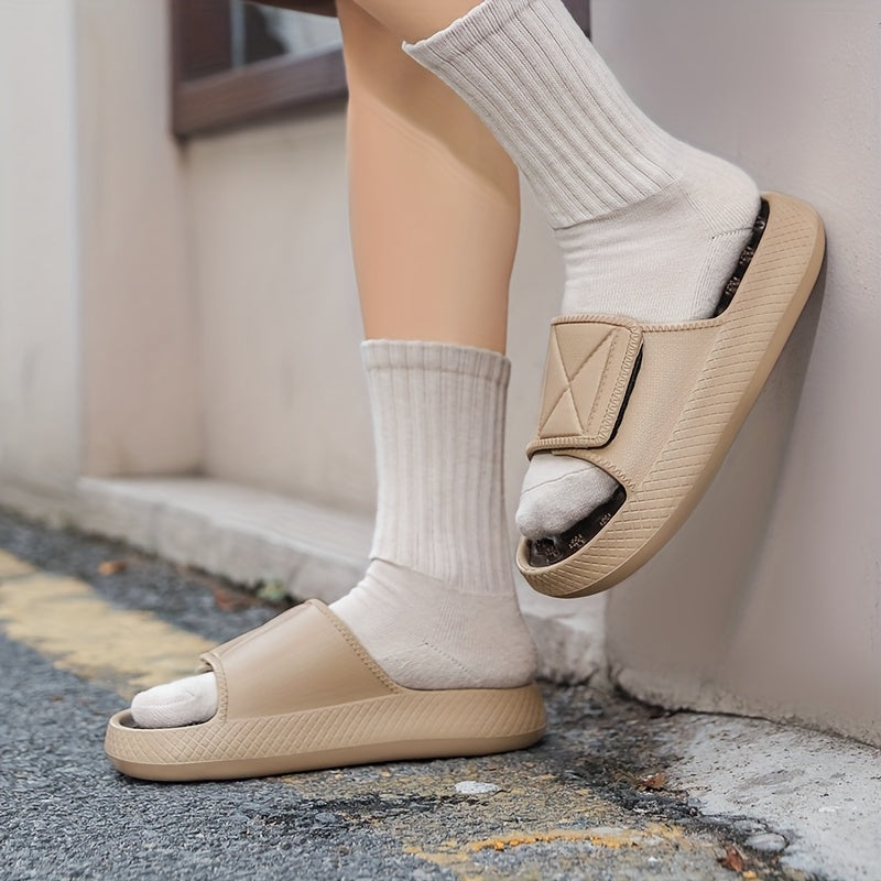 Men's Summer Massage Slides - Non-Slip Thick Sole Comfort Beach Sandals, Casual EVA Upper & PVC Insole, Beige/White with Black Accents, Perfect for Indoor & Outdoor Relaxation, Everyday Slippers | Textured Strap Design | EVA Construction, Summer Sandals