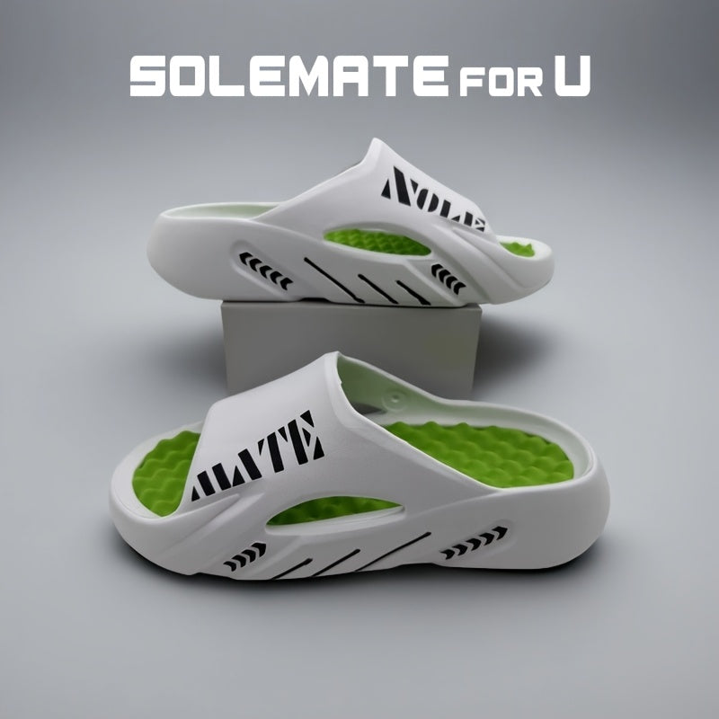 SOLEMATE for U Unisex Funny Graphic EVA Slippers - All-Season Comfort Massage Round Toe Slip-On Slides, Non-Slip Indoor/Outdoor Sandals for Beach, Shower & Casual Wear (White with Green Accents), Beach Sandals | Sleek Slipper Design | Durable Slippers